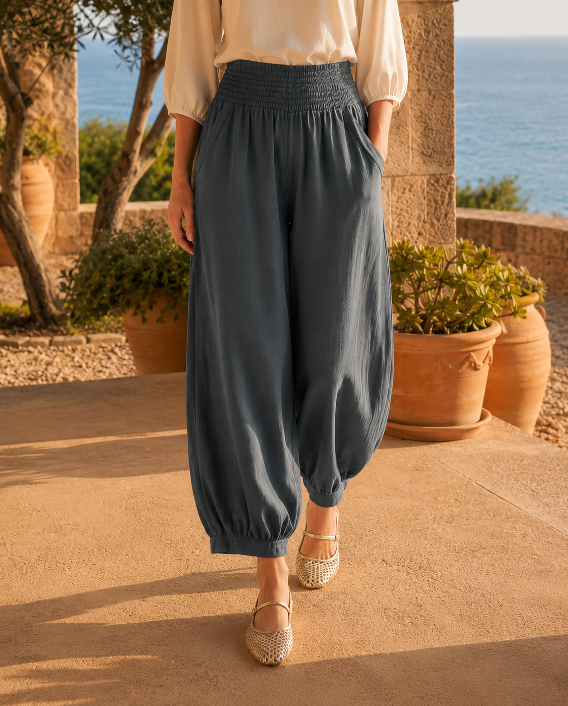 The Riviera Comfort balloon Pants — Charcoal — Hand-Finished